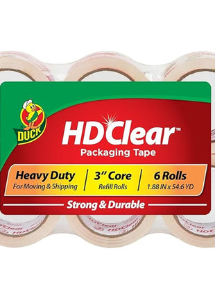 Duck HD Clear Packing Tape Refills - 6 Rolls of Heavy Duty Shipping and Moving Packing Tape - Clear Strong Packaging Tape for Boxes, Packing and Moving Supplies - 1.88 In. x 54.6 Yards (441962)