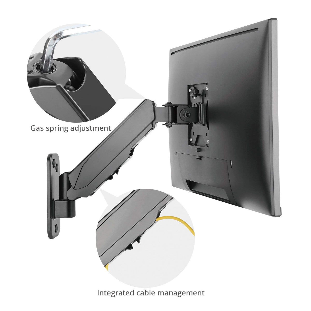 SIIG Aluminum Gas Spring Full Motion Ergonomic Single Arm Monitor Wall Mount - Heavy Duty Holds 17" to 32" Screen, up to 19.8 lbs - Single VESA 75/100m