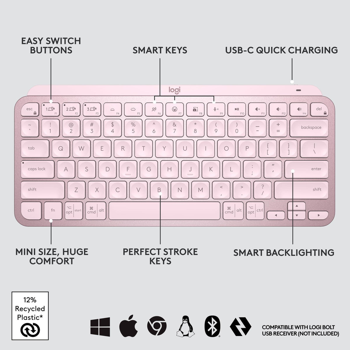 Logitech MX Keys Mini Minimalist Wireless Illuminated Keyboard, Compact, Bluetooth, Backlit, USB-C, Compatible with Apple macOS, iOS, Windows, Linux, Android, Metal Build - Rose