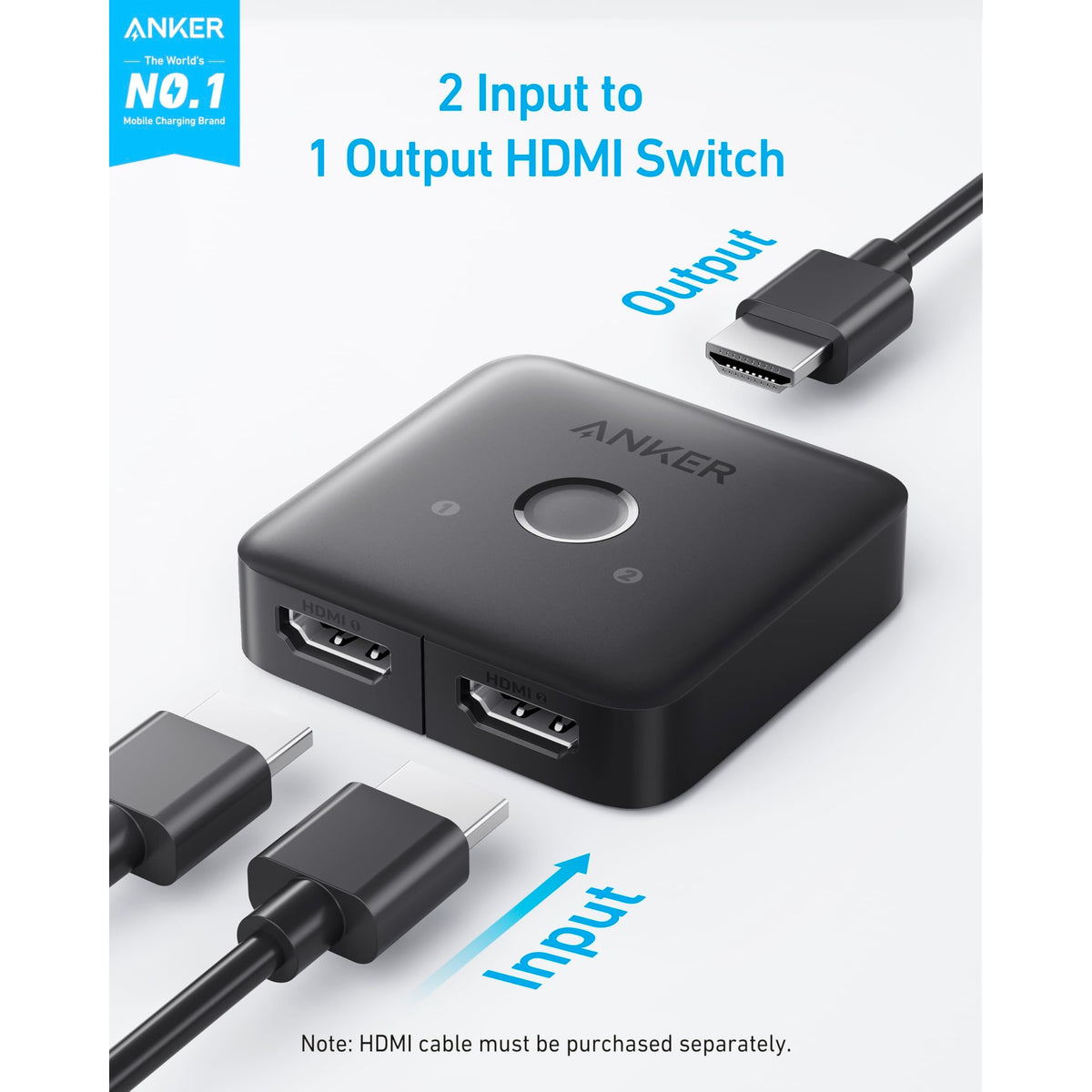 Anker HDMI Switch, 4K@60Hz HDMI Switcher, 2 in 1 Out with Smooth Finish, Supports HDR, 3D, Dolby, Compatible with Laptops, PC, Xbox Series, PS5 / PS4, Projector, and More