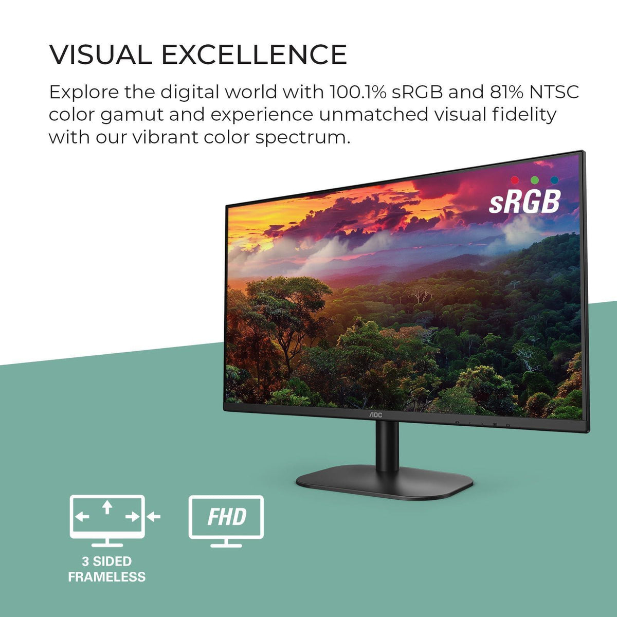 AOC 24B2H2 24” Frameless IPS Monitor, FHD 1920x1080, 100Hz, 106% sRGB, for Home and Office, HDMI x2, Low Blue Mode, VESA Compatible, Black