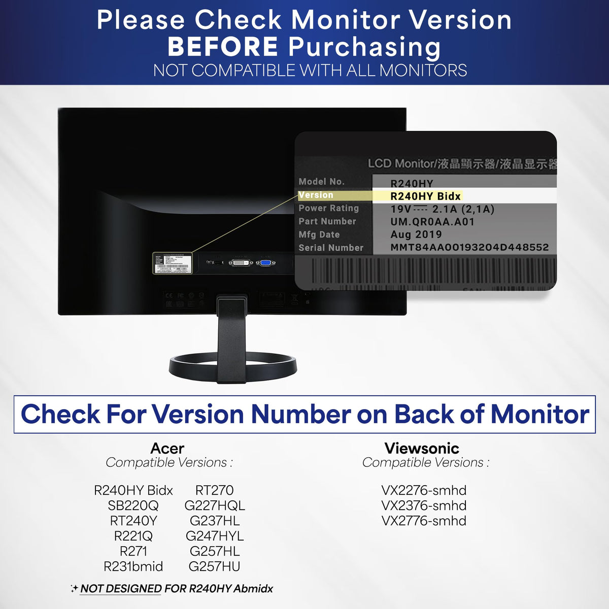 VIVO Quick Attach VESA Adapter Plate Mounting Bracket Designed for Compatible Acer and Viewsonic Monitors, R240HY bidx, SB220Q, RT240Y, R221Q, RT270, G227HQL, VX2276-smhd and More, Black, MOUNT-AR240H