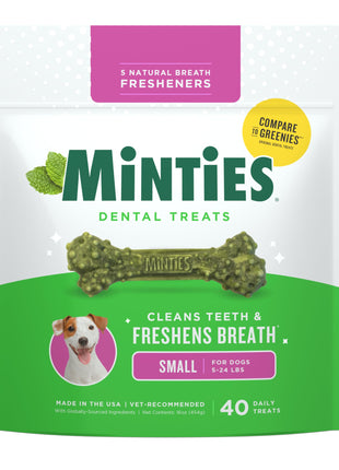 Minties Dental Chews for Dogs, 40 Count, Vet-Recommended Mint-Flavored Treats for Tiny/Small Dogs 5-24 lbs, Dental Bones Clean Teeth, Fight Bad Breath, and Removes Plaque and Tartar
