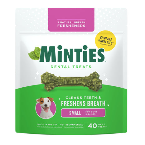 Minties Dental Chews for Dogs, 40 Count, Vet-Recommended Mint-Flavored Treats for Tiny/Small Dogs 5-24 lbs, Dental Bones Clean Teeth, Fight Bad Breath, and Removes Plaque and Tartar