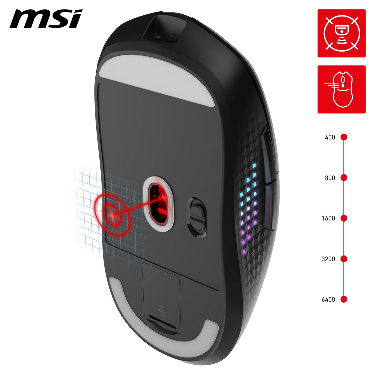 MSI VERSA 300 ELITE WIRELESS Gaming Mouse - 26000 DPI Optical Sensor, 1000 Hz polling rate, Symmetrical, 60M+ Click OMRON Switches, 6 Buttons, 200-Hour Battery, 1ms Latency, RGB, 65g - Wired/Wireless