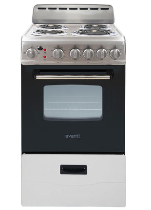 Avanti Electric Range Oven, 4 Coil Broilers, 2.1 Cu.Ft., Stainless Steel | Avanti Electric Range Oven, 4 Coil Burners, Built-In Broiler, Framed Glass Door, Storage Drawer, 2.1 Cu.Ft., Stainless Steel