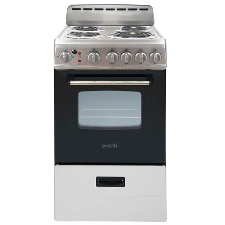 Avanti Electric Range Oven, 4 Coil Broilers, 2.1 Cu.Ft., Stainless Steel | Avanti Electric Range Oven, 4 Coil Burners, Built-In Broiler, Framed Glass Door, Storage Drawer, 2.1 Cu.Ft., Stainless Steel