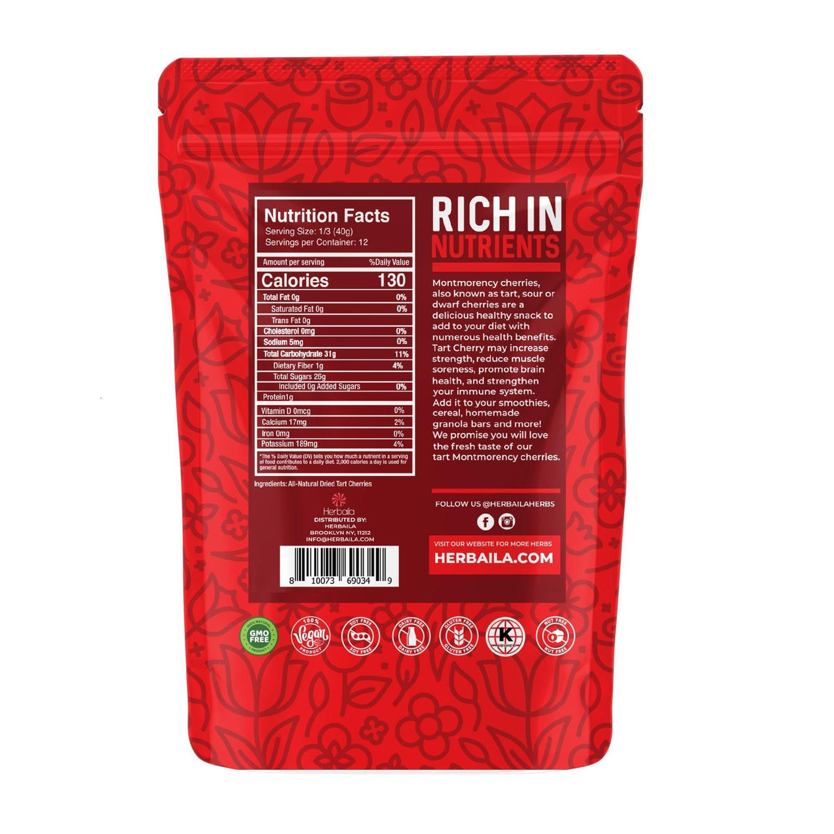 Herbaila Dried Cherries Tart Cherry, Montmorency Tart Cherries, Dried Sour Cherries Fresh, Montmorency Dried Tart Cherries, Dried Cherries, All-Natural Whole Sour Cherry (1lb)