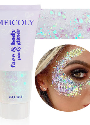 MEICOLY Clear White Body Glitter,Singer Concerts Music Festival Rave Accessories,Mermaid Face Glitter Gel,Sequins Glitter Face Paint,Chunky Hair Sparkling Halloween Glitter Gel for Women,50ml