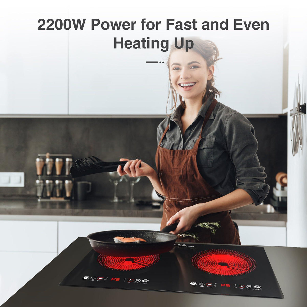 VBGK Electric cooktop,110V 24 inch 2 Burner Electric Cooktop,Built-in and Countertop Stove Top,2200W Stove,9 Power Levels, Kids Lock & Timer,LED touch control,Overheat Protection