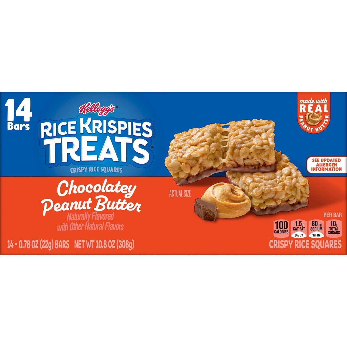 Rice Krispies Treats Crispy Rice Squares, Snack Bars, Chocolatey Peanut Butter, 10.8oz Box (14 Count)