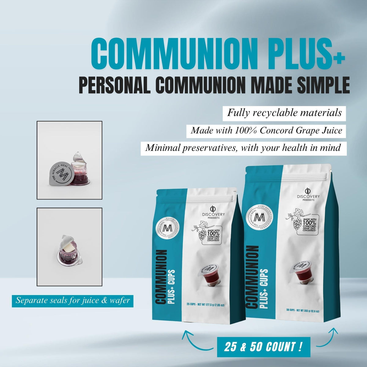 Travel Pack - Pre-Filled Communion Plus Cup - Bag of 50 with Wafer and 100% Concord Grape Juice