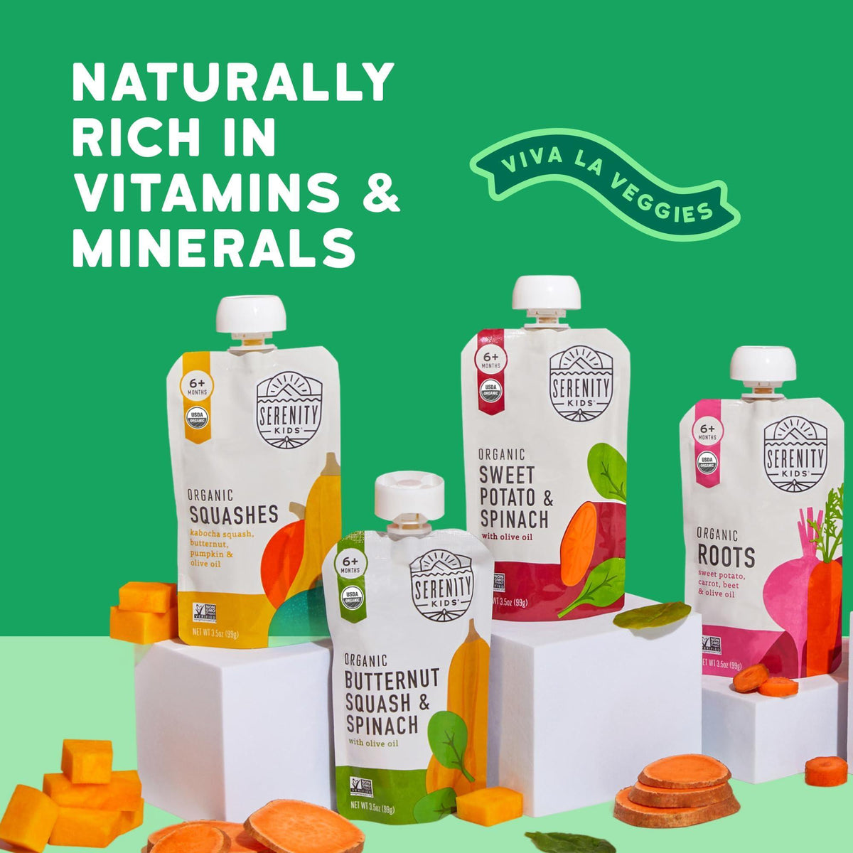 Serenity Kids 6+ Months Veggie Puree Organic Baby Food Pouches - No Added Sugar, Allergen-Free & BPA-Free Baby Snacks - 3.5 Oz, 8 Pack
