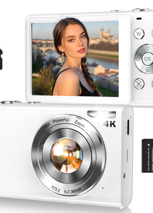 Digital Camera,Autofocus 4K Vlogging Camera for Photography with 32GB Card,48MP Portable Compact Point and Shoot Digital Camera for Teens Adult Beginner with 16X Zoom,Anti-Shake,2 Batteries(White)