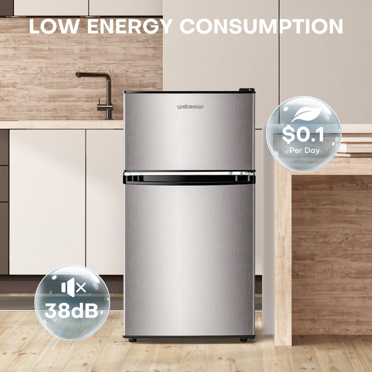 Upstreman 3.2 Cu.Ft Mini Fridge with Freezer, Double Door Mini Fridge, Adjustable Thermostat, Mini Refrigerator for Dorm, Office, Bedroom, Stainless-SD321