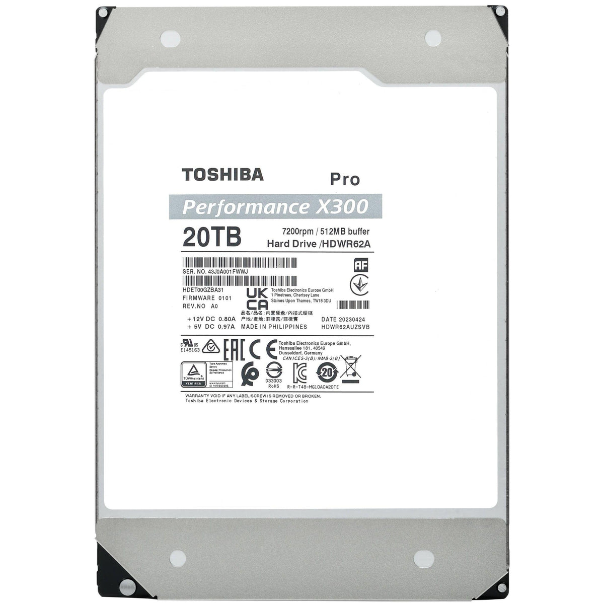 Toshiba X300 PRO 20TB High Workload Performance for Creative Professionals 3.5-Inch Internal Hard Drive – Up to 300 TB/Year Workload Rate CMR SATA 6 Gb/s 7200 RPM 512 MB Cache - HDWR62AXZSTB
