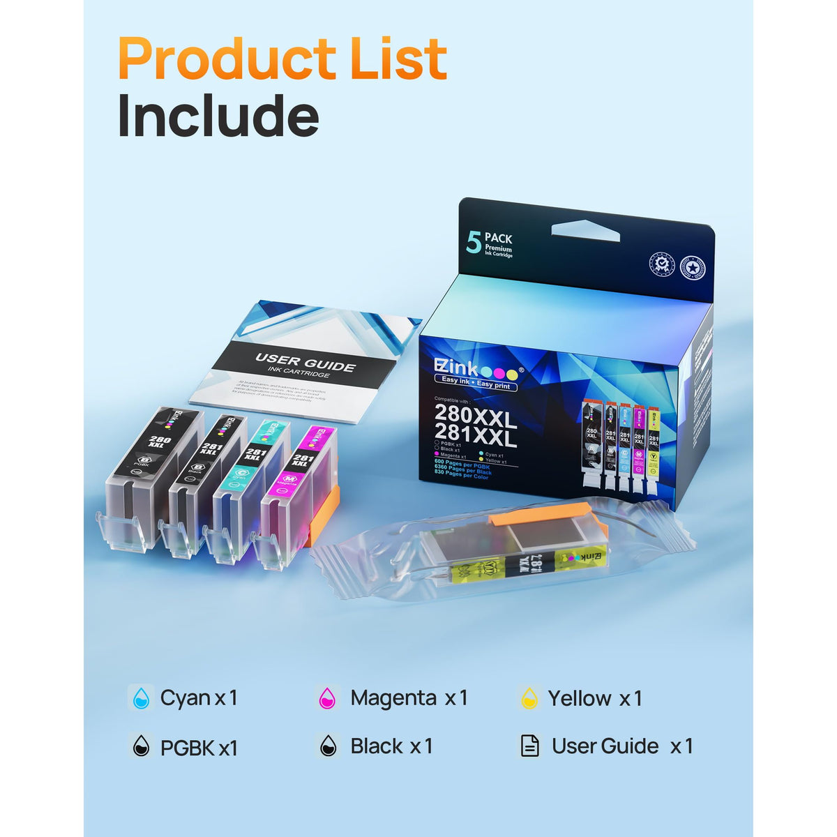 E-Z Ink Compatible Tr8620a Ink Cartridge Replacement for Canon PGI-280XXL CLI-281XXL 280 XXL 281 XXL Compatible with TR8520 TR8620a TR8620 TS702a TS9520 TS9521C TR8520 TS6220 TS6320 TS8220 (5 Pack)