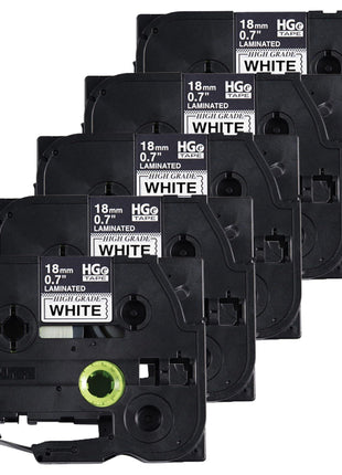 Brother 18mm (0.7 inch) Black on White HGe Tape with Standard Adhesive 8m (26.2 ft) - 5 Pack