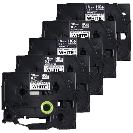 Brother 18mm (0.7 inch) Black on White HGe Tape with Standard Adhesive 8m (26.2 ft) - 5 Pack
