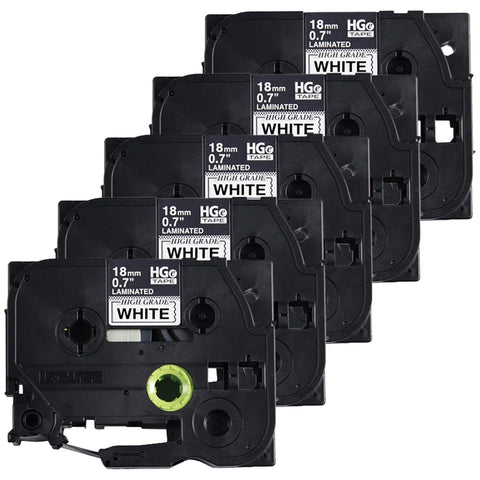 Brother 18mm (0.7") Black on White HGe Tape with Standard Adhesive 8m (26.2 ft) - 5 Pack