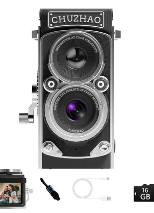 CHUZHAO Vintage Mini Digital Camera, Portable TLR Style Retro Point and Shoot Compact Small Pocket 1080P FHD Video 12MP Autofocus Vlogging Camera with 16 GB Card for Beginners Teens Adults Black