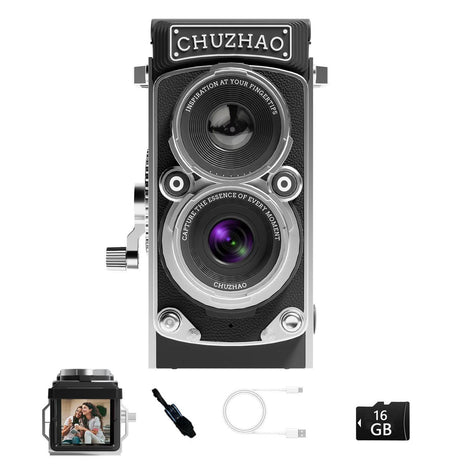 CHUZHAO Vintage Mini Digital Camera, Portable TLR Style Retro Point and Shoot Compact Small Pocket 1080P FHD Video 12MP Autofocus Vlogging Camera with 16 GB Card for Beginners Teens Adults Black