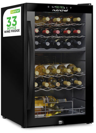 Nutrichef 33 Bottle Wine Fridge | Dual Zone Wine Cooler | Adjustable Temperature Control 41°F to 64°F | Ultra Quiet Operation | Freestanding Wine Chiller for Home & Office | 33x19x17 IN