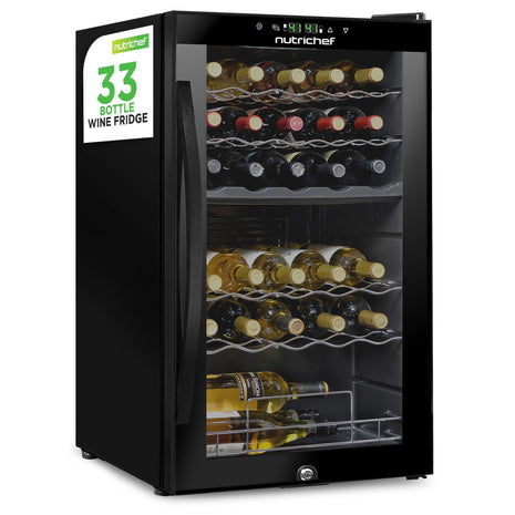 Nutrichef 33 Bottle Wine Fridge | Dual Zone Wine Cooler | Adjustable Temperature Control 41°F to 64°F | Ultra Quiet Operation | Freestanding Wine Chiller for Home & Office | 33x19x17 IN
