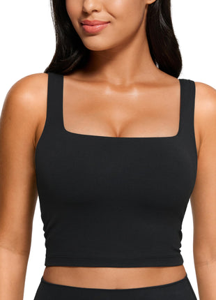 CRZ YOGA Butterluxe Womens Square Neck Longline Sports Bra - Workout Crop Tank Tops Padded Yoga Camisole with Built in Pads Black Medium