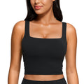 CRZ YOGA Butterluxe Womens Square Neck Longline Sports Bra - Workout Crop Tank Tops Padded Yoga Camisole with Built in Pads Black Medium