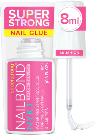 Super Strong Nail Glue for Press On Nails, Nail Tips & Acrylic Nails (8ml) NYK1 NailBond Brush On Glue for Press Ons, Tips & Acrylics - Long Lasting, Maximum Strength, Mess-Free Application