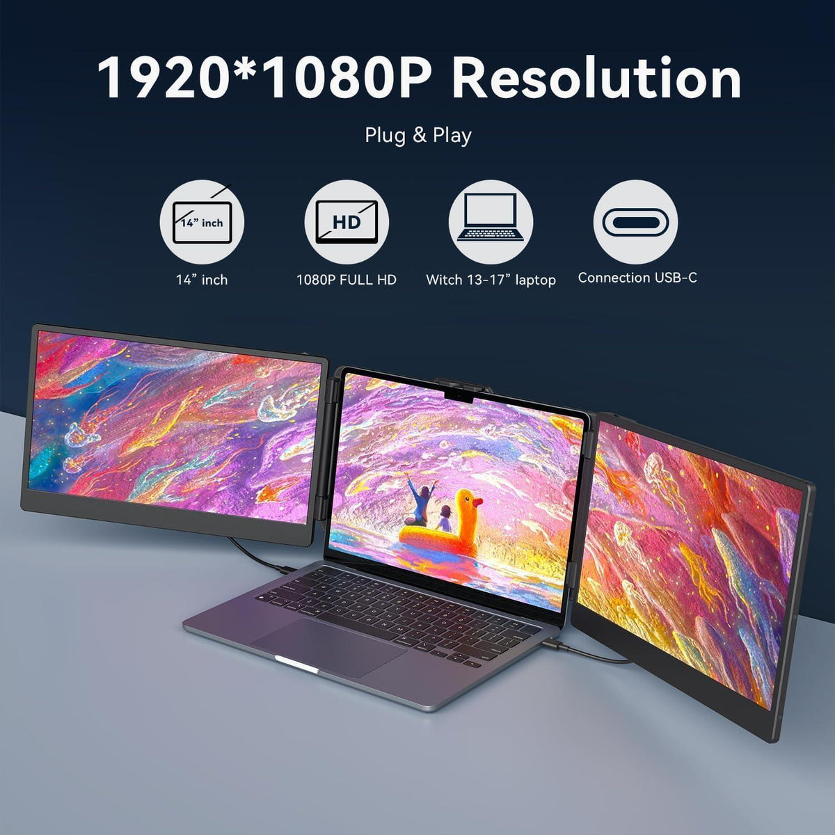 APILDELLA 14’’ Triple Laptop Screen Extender, 1080P FHD Portable Dual Monitor for Laptop USB C HDMI, Plug-Play Monitor Extender for Triple Display for Mac/Windows, Fit 13”-17.3” Laptops