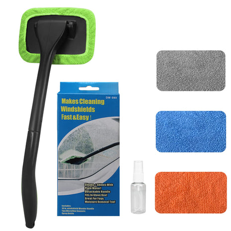 Car Windshield Cleaning Tool, Windshield Cleaner with 4 Washable and Reusable Microfiber Pads and Extendable Handle, for Auto Glass Wiper