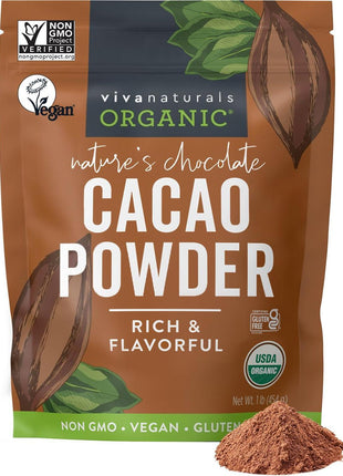 Organic Cacao Powder, Unsweetened, 1 lb (454 g) – Rich Dark Chocolate Flavor, Perfect for Baking, Smoothies & Hot Chocolate – Vegan, Keto, Paleo, Non-GMO & Gluten-Free Cocoa Powder