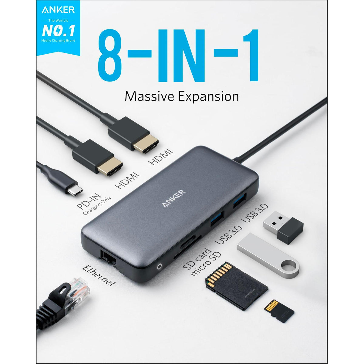 Anker Laptop Docking Station Dual Monitor, 8-in-1 USB C Hub, 4K Dual Monitor with 2 HDMI, 1 Gbps Ethernet Hub, 85W Power Delivery, SD Card Reader for MacBook Pro, XPS and More