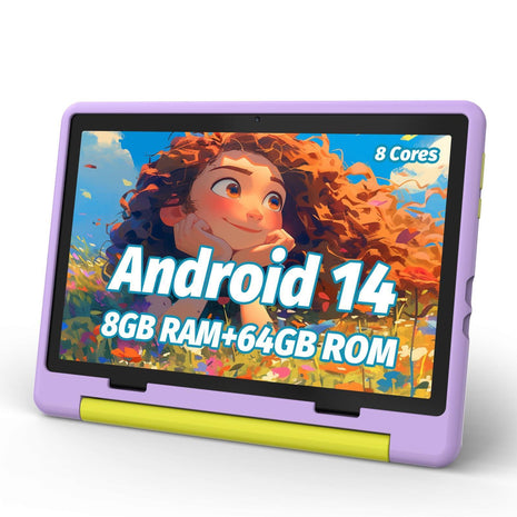 URAO Kids Tablet, Android 15 Tablet for Kids 10 inch Octa-Core with Case, 20GB RAM 64GB ROM 1TB TF Card Expandable for Toddler Children, Parental Control, Dual Camera, WiFi,Gift