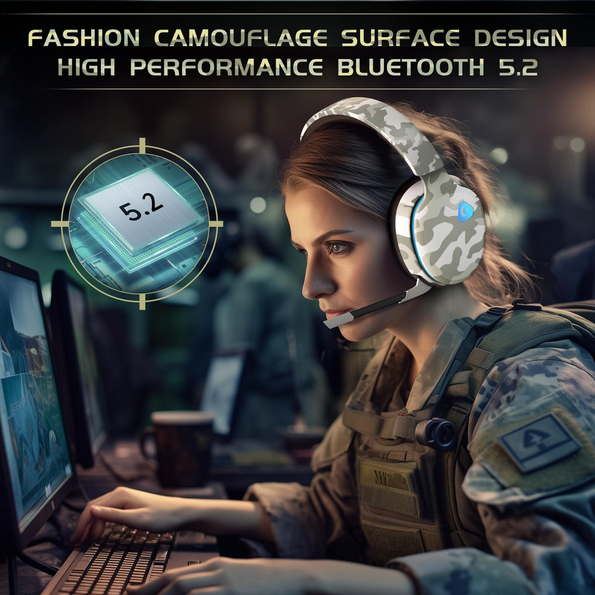 Gtheos 2.4GHz Wireless Gaming Headset for PS5, PS4 Fortnite & Call of Duty/FPS Gamers, PC, Nintendo Switch, Bluetooth 5.3 Gaming Headphones with Microphone for Computer, Mobile, Stereo Sound (Camo)