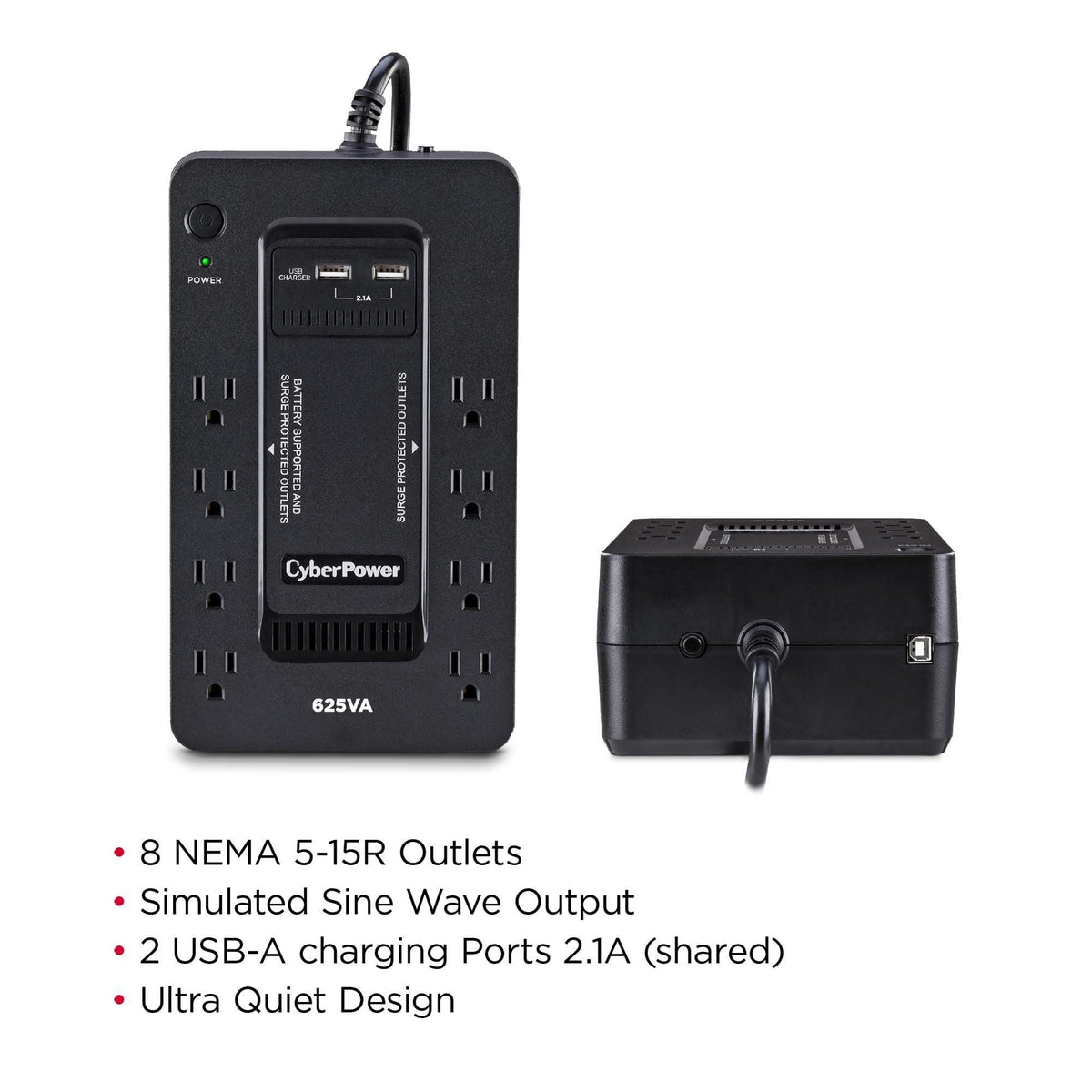 CyberPower ST625U Standby UPS System, 625VA/360W, 8 Outlets, 2 USB Charging Ports, Compact, Black