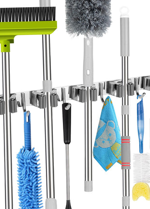 voze 5 Racks and 4 Hooks Mop and Broom Holder Wall Mount, Self Adhesive Heavy Duty Broom Hanger Organizer Storage Tool Racks for Kitchen Garden Laundry Garage