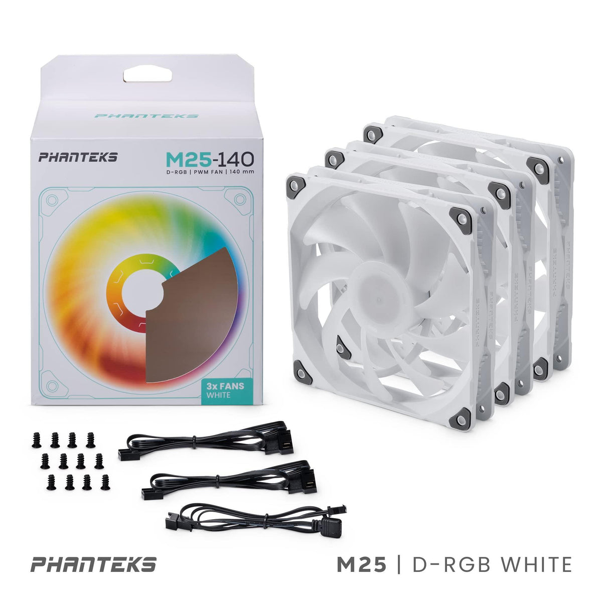 Phanteks M25-140 D-RGB Fan, High-Airflow Radiator Performance, PWM Control up to 1800RPM, ARGB/DRGB Lighting, Daisy-Chain Cable, White, 3 Pack