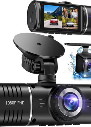 Dash Cam Front and Rear, 1080P Dash Camera for Cars, 3 Channel Car Camera Front Rear and Inside with 32GB Card, Loop Recording, Night Vision, HDR, 24Hr Parking, G-Sensor