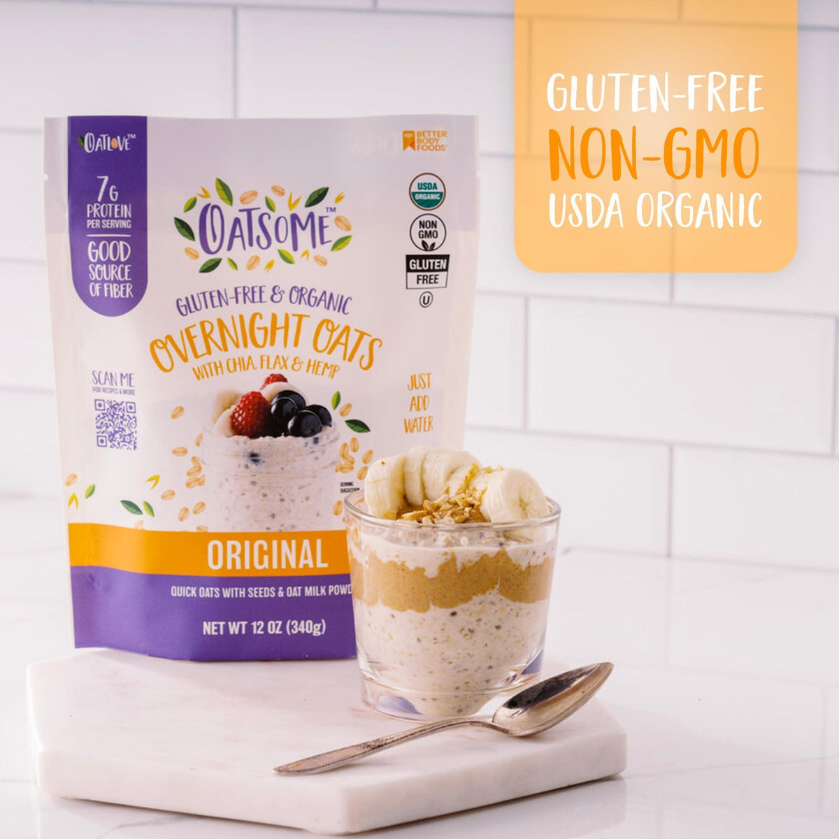 Oatsome Organic Overnight Oats with Chia, Flax, & Hemp, Gluten-Free Oatmeal with 7g of Protein, 2 lb 8 oz (40oz) Bag