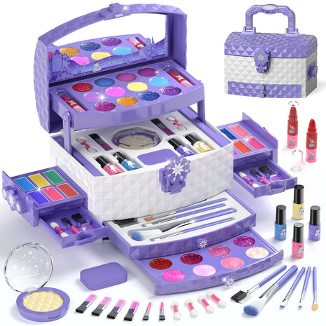 56 Pcs Kids Makeup Set for Girls, Washable Real Cosmetic Toddler Makeup Kit | 2026 New CPF Sustainable Materials, Safety & Non-Toxic, Frozen Toy Birthday Gift for 3 4 5 6 7 8 9 10 11 12 Year Old (Purple)