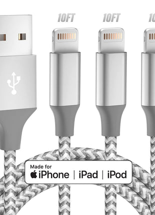 iPhone Charger 3pack 10FT Apple MFi Certified Long Lightning Cable Fast Charging High Speed Data Sync USB Cable Compatible iPhone 14 13/12/11 Pro Max/XS MAX/XR/XS/X/8/7/Plus/6S (Grey White)