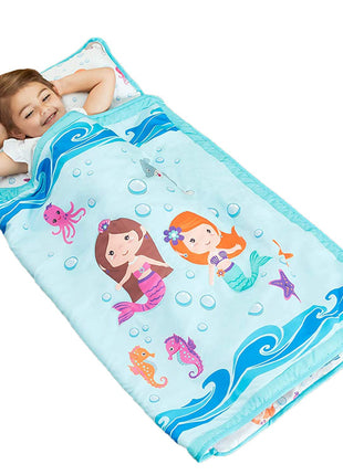 EVERYDAY KIDS Toddler Nap Mat with Removable Pillow -Underwater Mermaids- Carry Handle with Fastening Straps Closure, Rollup Design, Soft Microfiber for Preschool, Daycare Sleeping Bag, Ages 2-6 years