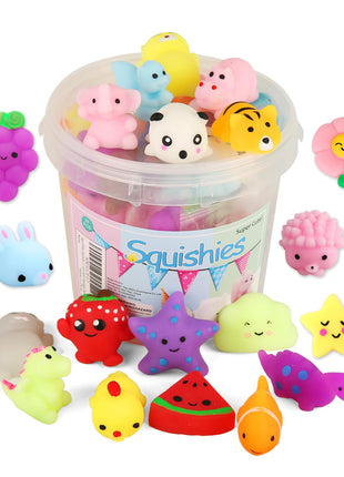 KINGYAO Squishies Squishy Toy 24pcs Party Favors for Kids Mochi Squishy Toy moji Kids Mini Kawaii squishies Mochi Stress Reliever Anxiety Toys Easter Basket Stuffers fillers with Storage Box
