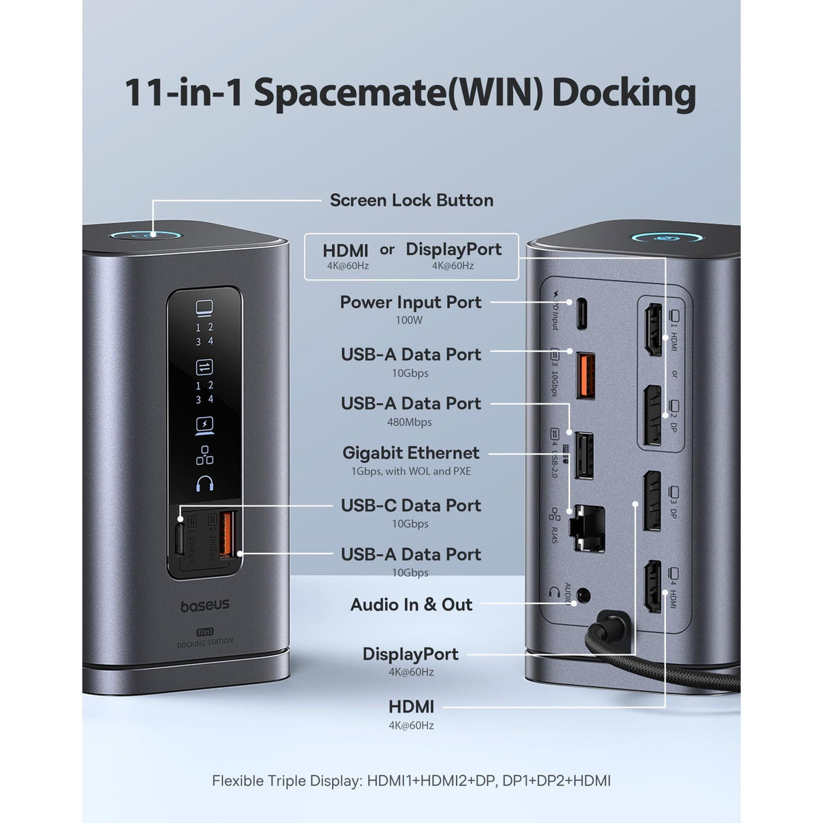 Baseus Docking Station, Spacemate(Win) 11 in 1, Triple Display, 4K HDMI and DP, 10Gbps USB A/C Ports, Gigabit Ethernet, 100W PD, Audio, Laptop Docking Station for Windows/Dell/HP/Lenovo/Asus/Acer/Mac