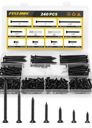 Wood Screws Assortment Kit, FIXLINK 240 PCS High Hardness Flat Head Wood Screws Set, Phillips Drive Assorted Screws, Contain 15PC Anchors and 8 Size (2-1/2",2",1-1/2",1-1/4",1",3/4",5/8",1/2"), Black