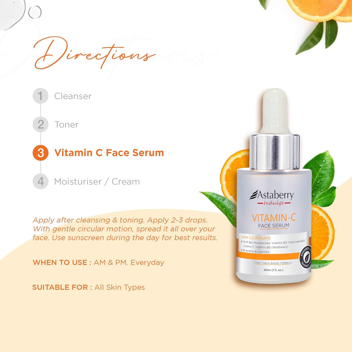 Astaberry Indulge Vitamin C Face Serum for Brighten Skin with Orange Peel Extract | For even skin tone | Hydrates the skin | With Bio Hyaluronate | Vitamin B3 & Vitamin E- Net content -30 ml