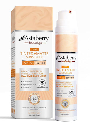 Astaberry Indulge Tinted Matte Sunscreen SPF 50 PA+++ | Broad Spectrum Protection from UVA/B & Blue Light | Suncat DE & No White Cast |Provides a Light Tint - 50g (Medium)